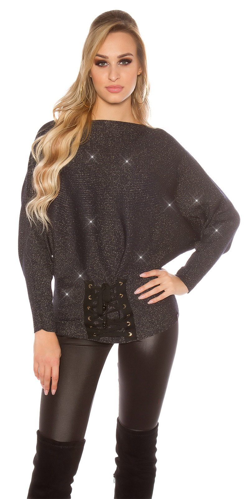 Glitzernder Fledermaus-Pullover mit Zier-Schnürung