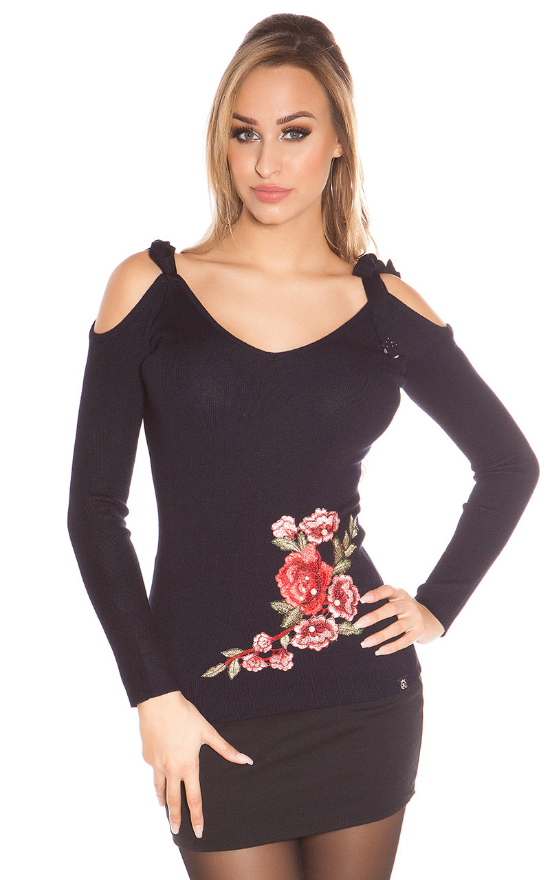 Bezaubernder Cold-Shoulder-Pullover mit Blumen-Stickerei