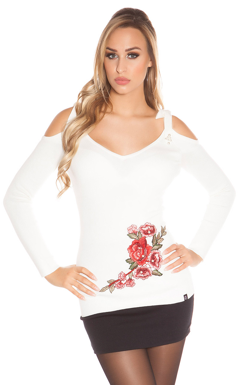 Bezaubernder Cold-Shoulder-Pullover mit Blumen-Stickerei