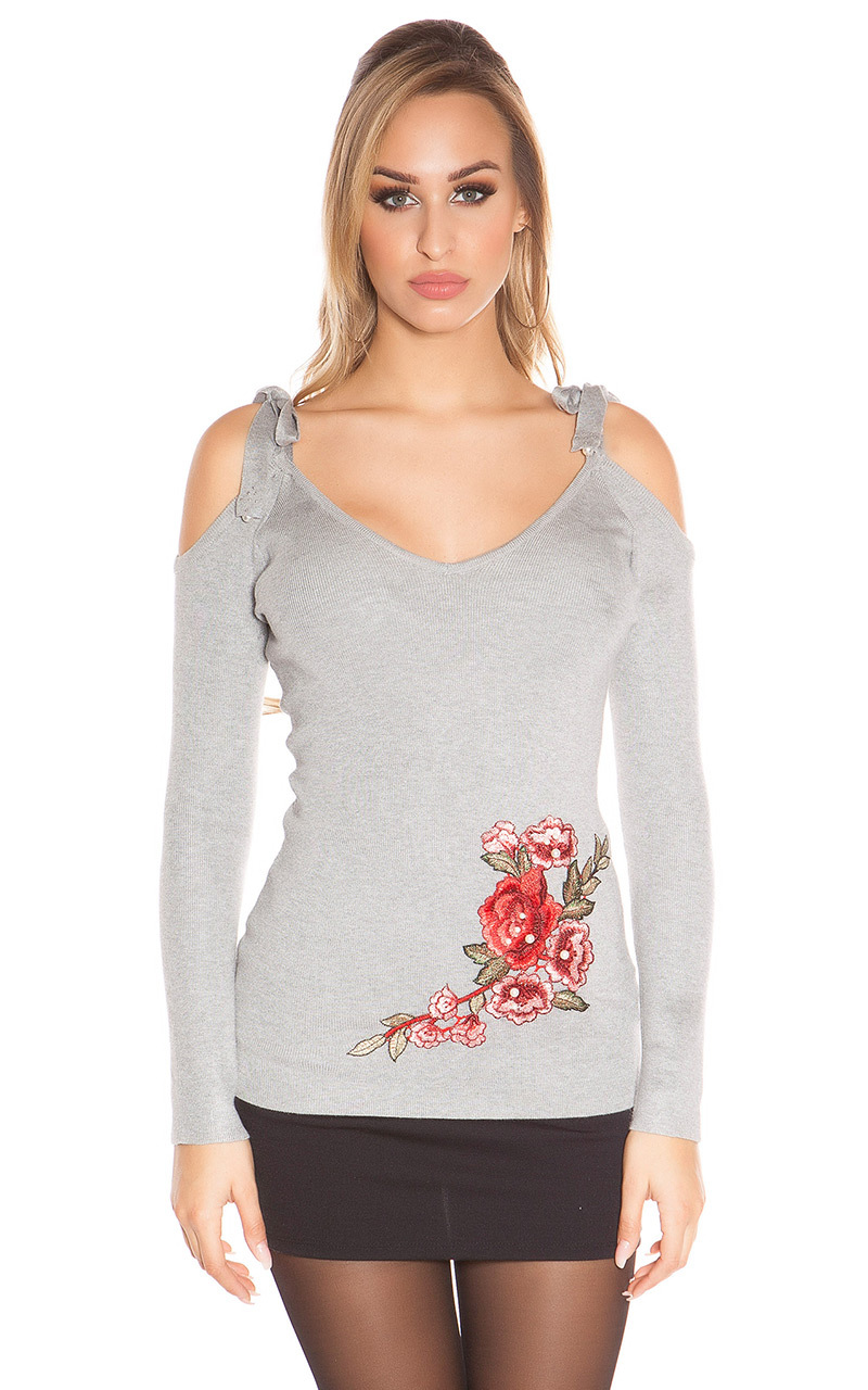 Bezaubernder Cold-Shoulder-Pullover mit Blumen-Stickerei