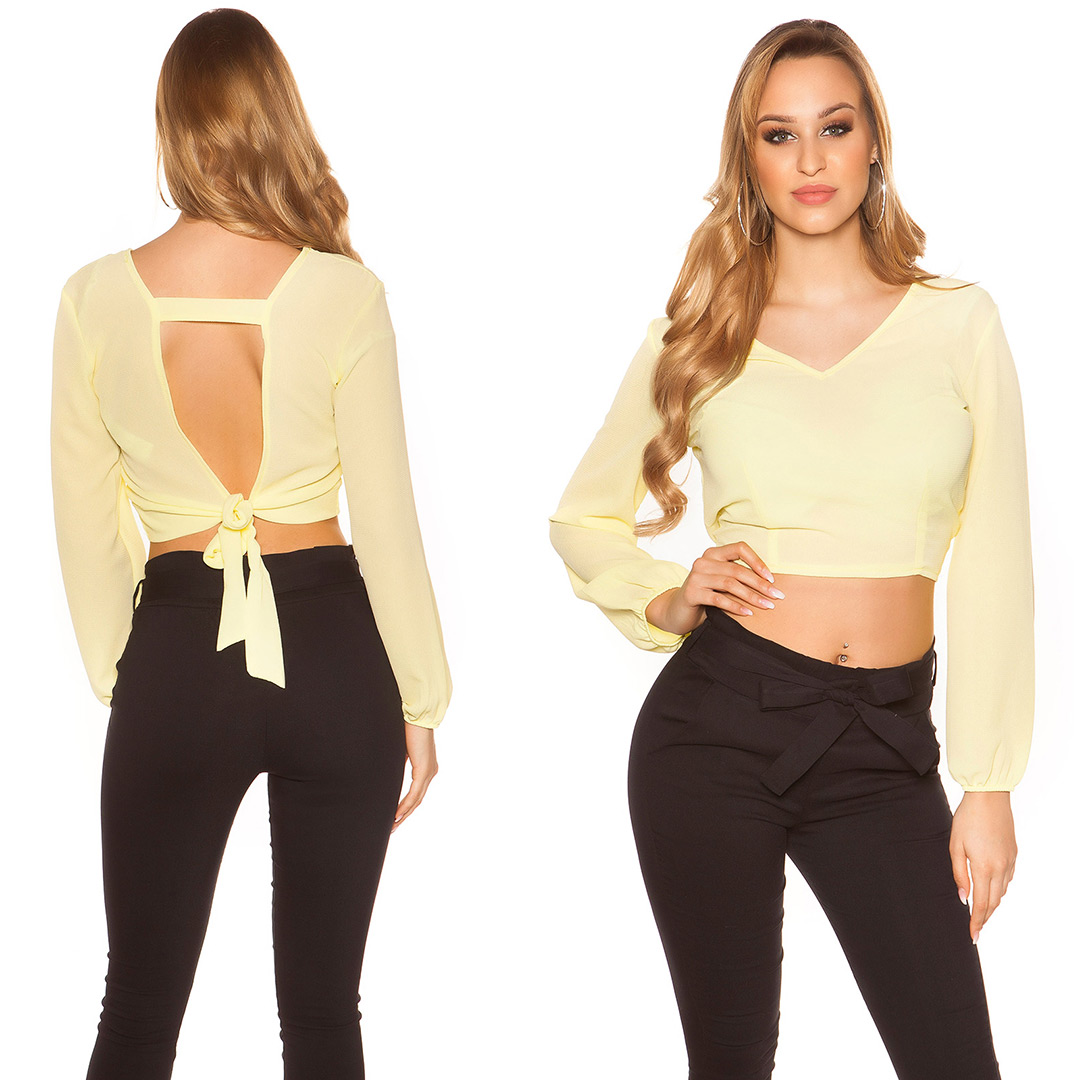 Crop Langarm Bluse Rücken Cutout V-Neck Bauchfrei