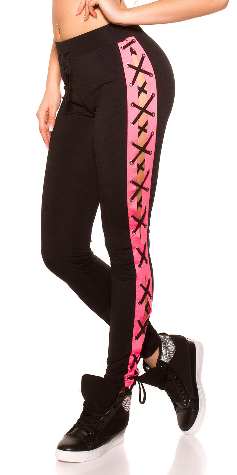 Sporty Workout Jersey Leggings mit seitlichem Kontrast und Schnürung