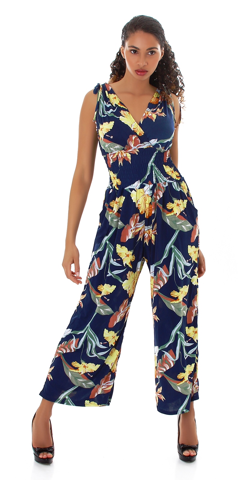 Long Wickel V-Neck Marlene Overall mit Flower-Print