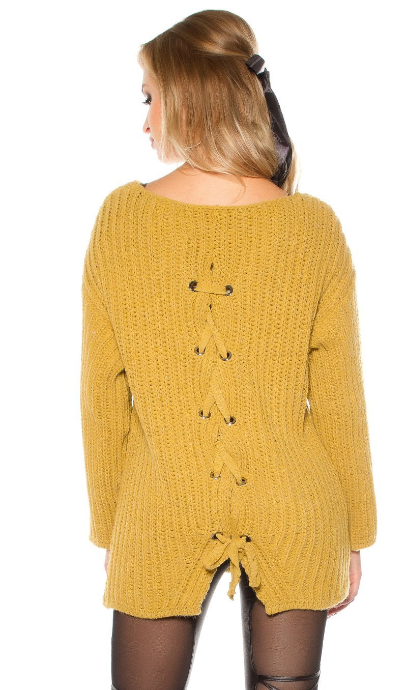 Oversize Grobstrick Long Pullover mit Rücken-Schnürung