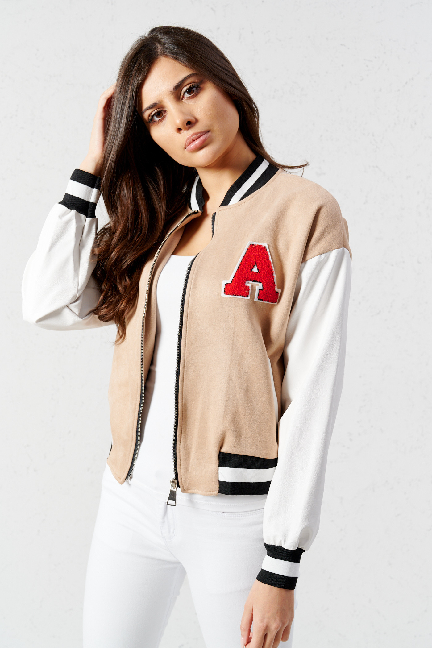 College Varsity Velour Leder Zipper Jacke mit Logo