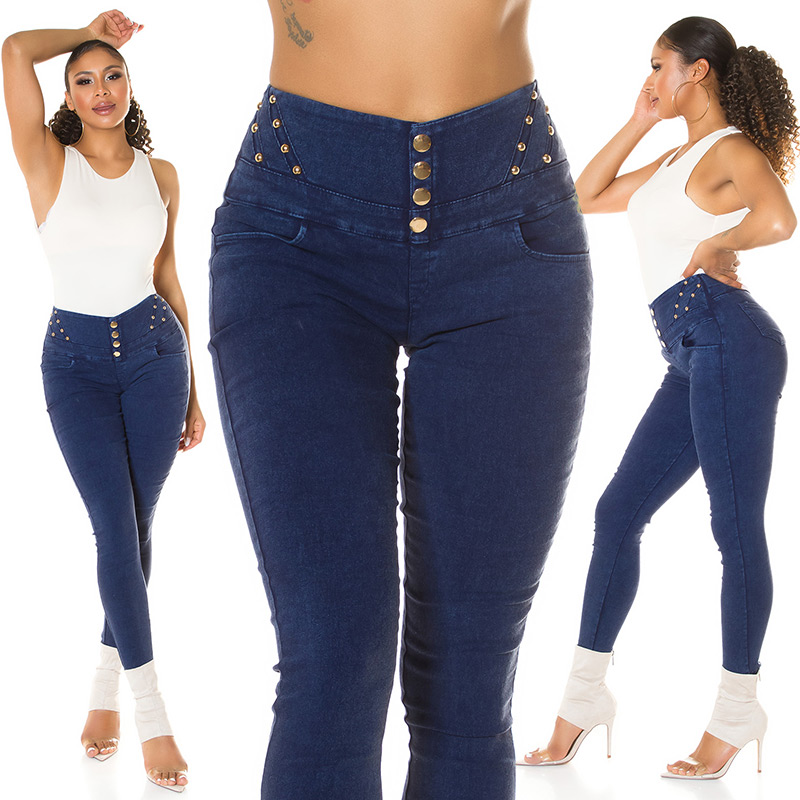 Skinny High Waist Jeans Look Leggings mit Deko Nieten