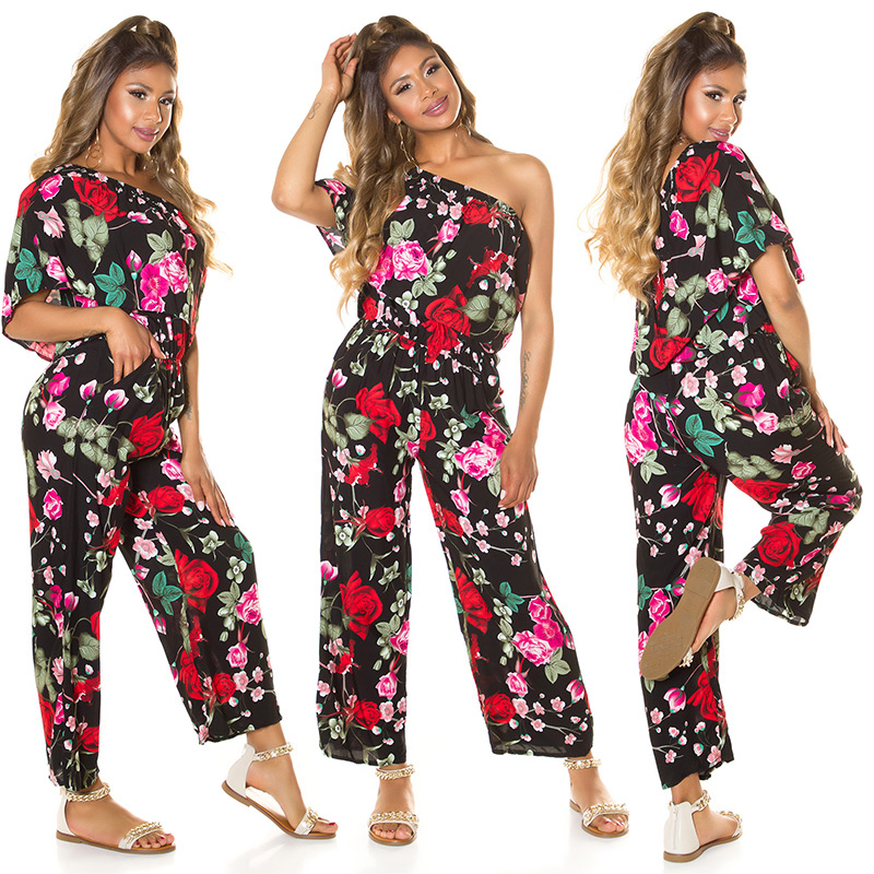 Rose Printed One Shoulder Maxi Marlene Viskose Jumpsuit mit Volant