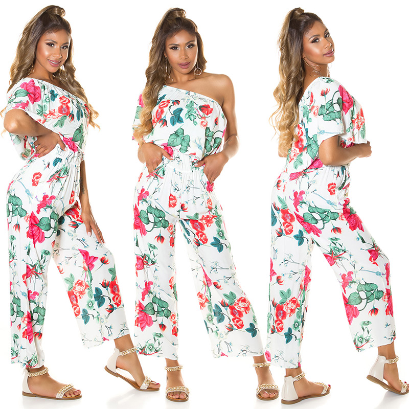 Rose Printed One Shoulder Maxi Marlene Viskose Jumpsuit mit Volant