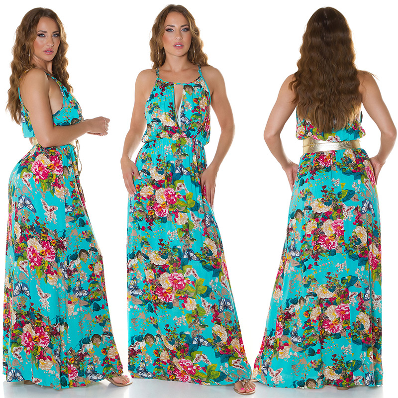 Summer Printed Rundhals Maxi Träger Viskose Kleid mit hot Cutout