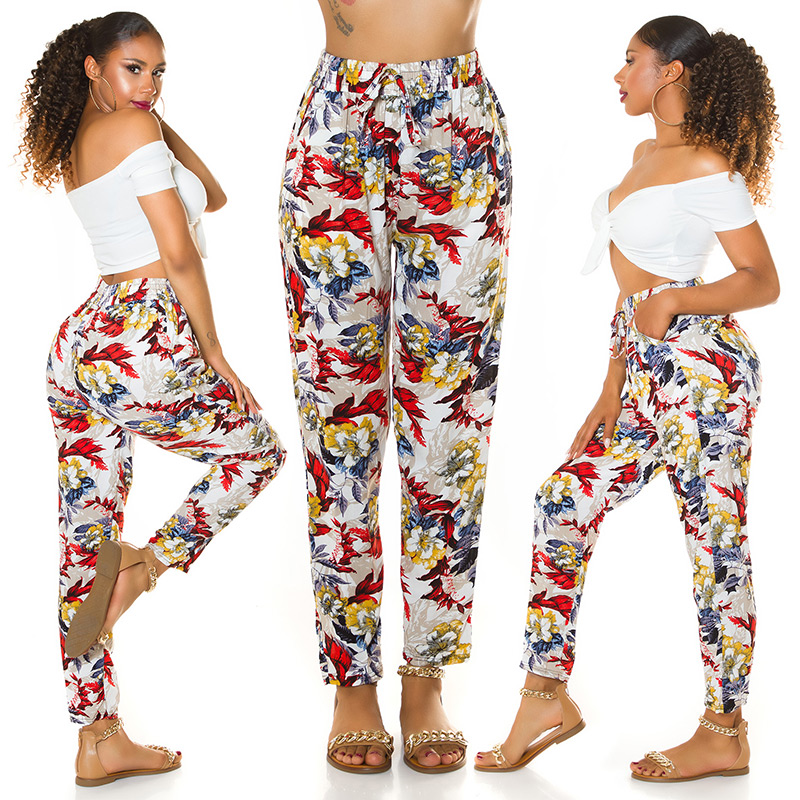 Cotton High Waist Sommer Hose mit Tropical Print