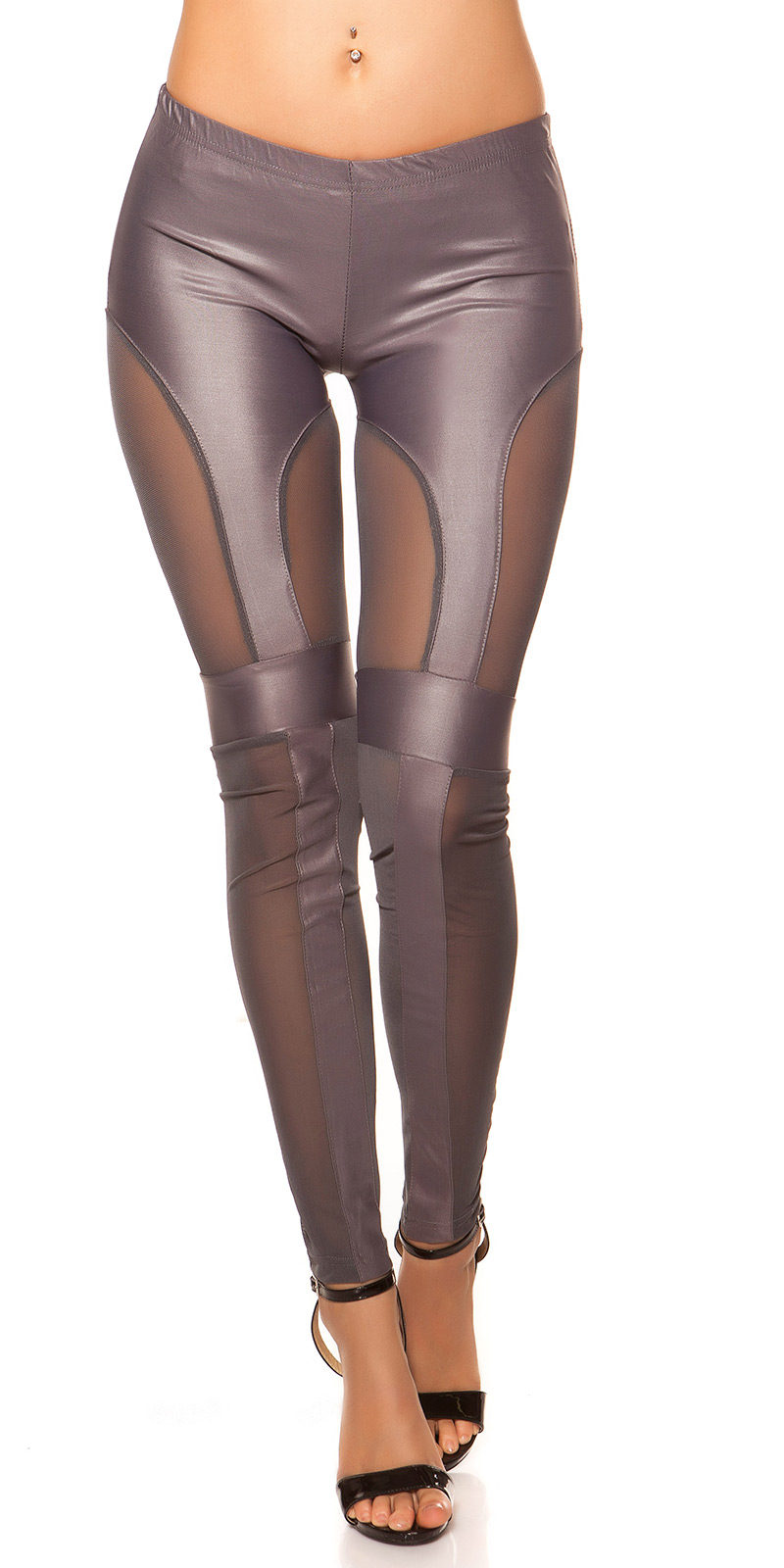 Sexy KouCla Leggings mit Mesh Gewebe und Kunstleder Streifen