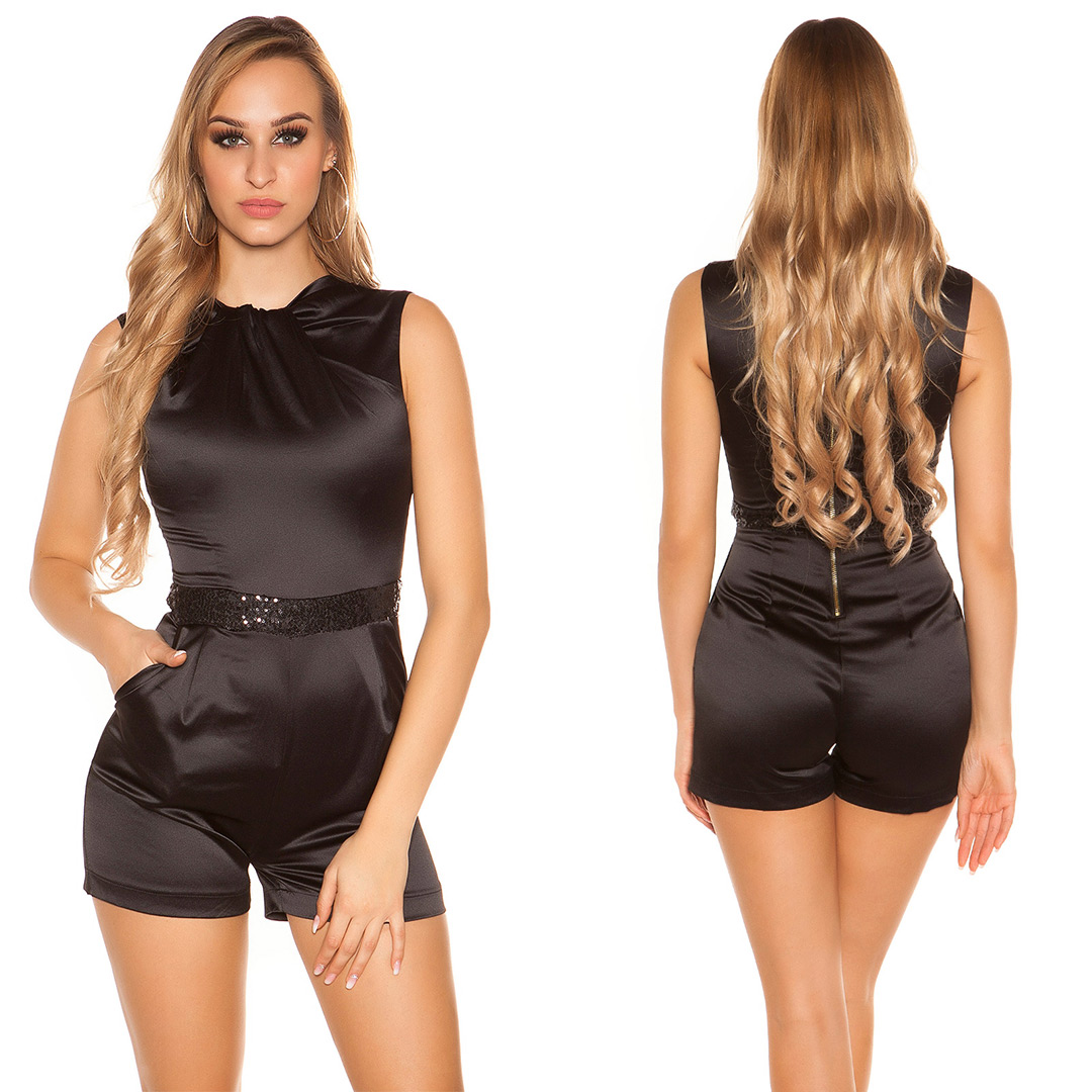 Satin Look Short Hotpants Jumpsuit mit Deko Pailletten