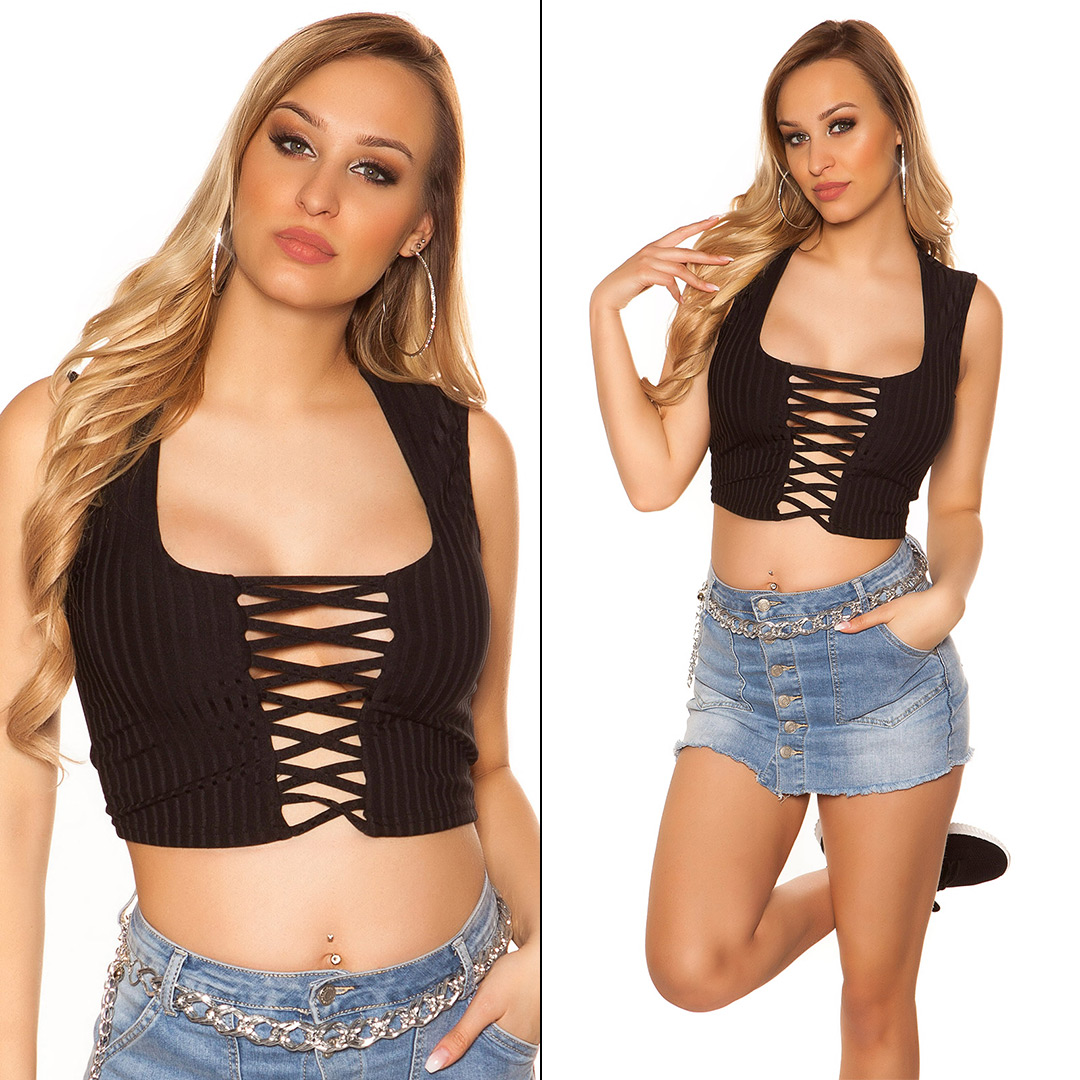 Ripped Crop Top mit Cutout und Deko Schnürung