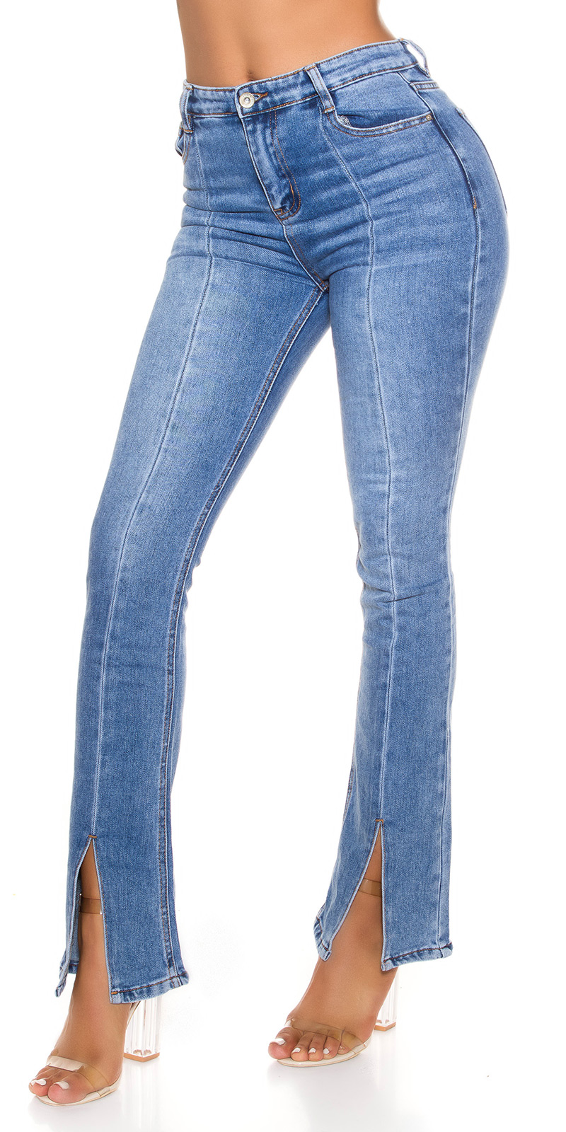 Bleached High Waist Bootcut Schlag Jeans mit Deko Nähte und Schlitz