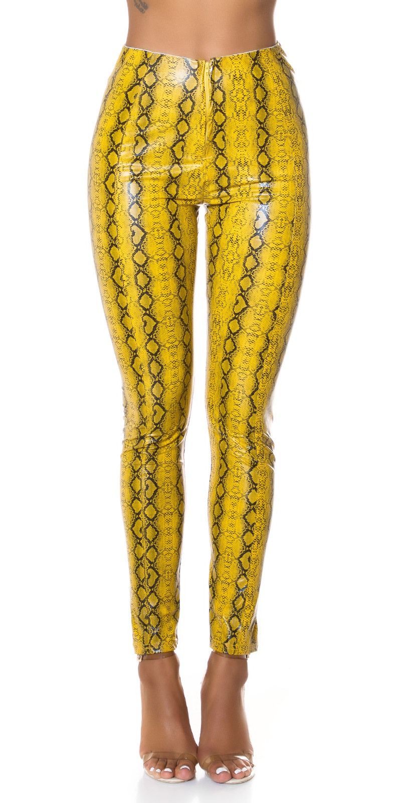 High Waist Snake Printed Leder Look Leggings mit Zipper