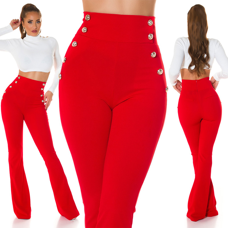 Stoff Business High Waist Schlag Hose mit Deko Knöpfe