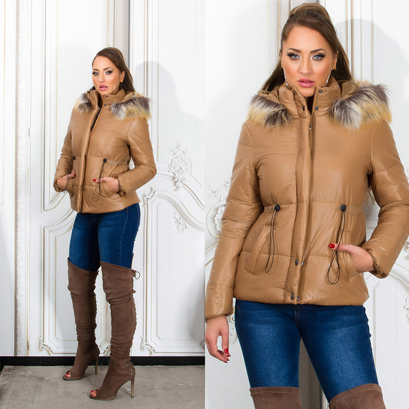 Glossy Winter Jacke Gefüttert mit abnehmbarer Kapuze und Kunstfell