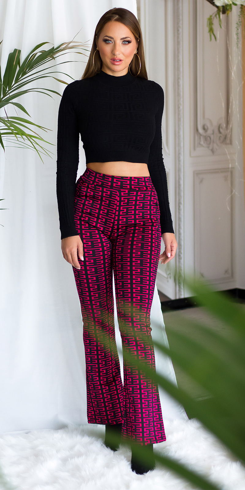 Printed High Waist Stretch Hose mit Schlag