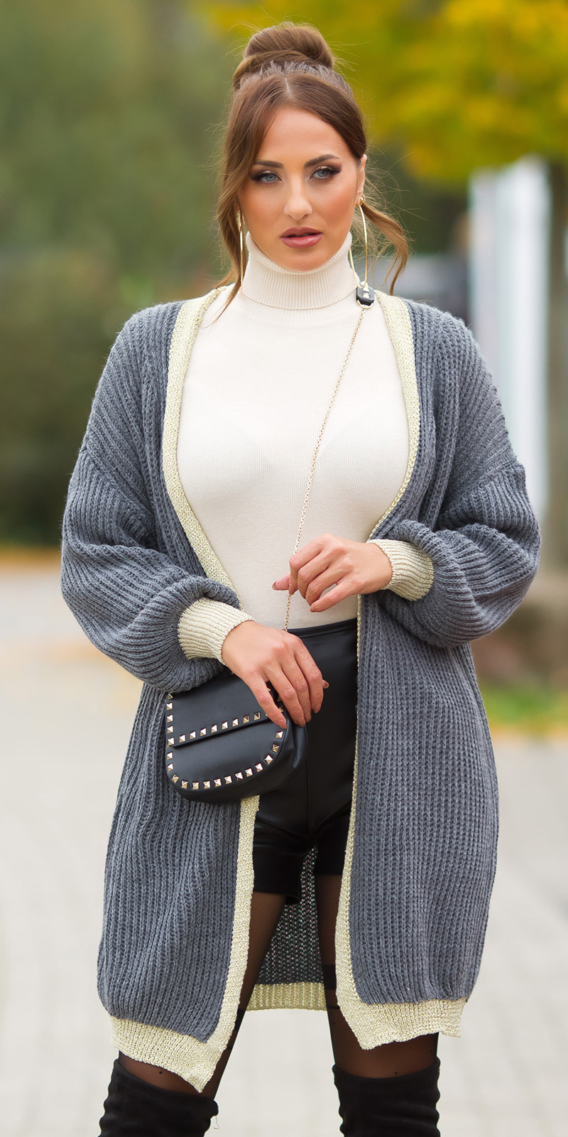 Chic Oversize Strick Long Cardigan mit Glamour-Borte