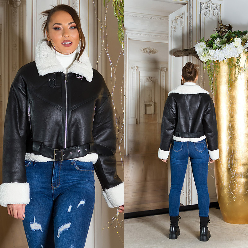 Leder Look Pilot Winter Jacke mit Teddy-Futter und Gürtel