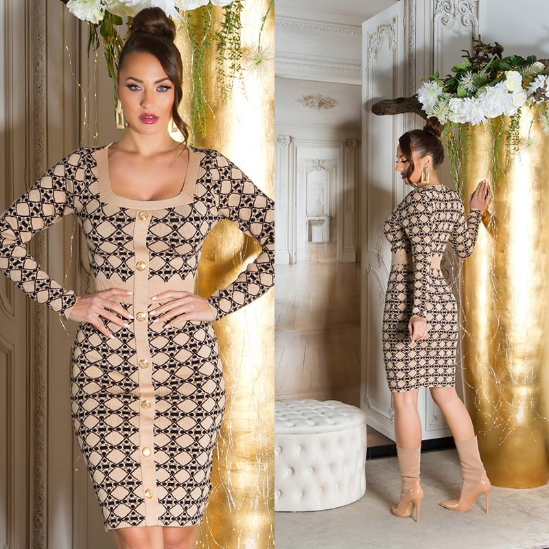 Patterned Business Langarm Strick Midi Kleid mit Deko Knöpfe