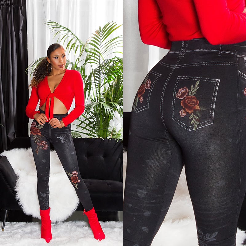 Flower Printed High Waist Jeans Look Leggings