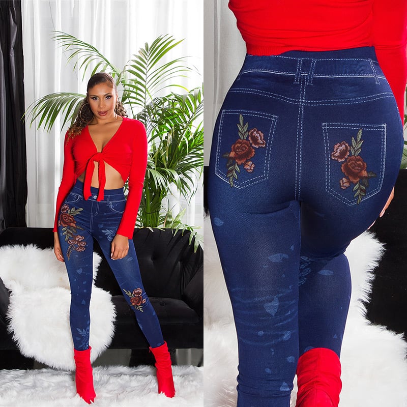 Flower Printed High Waist Jeans Look Leggings