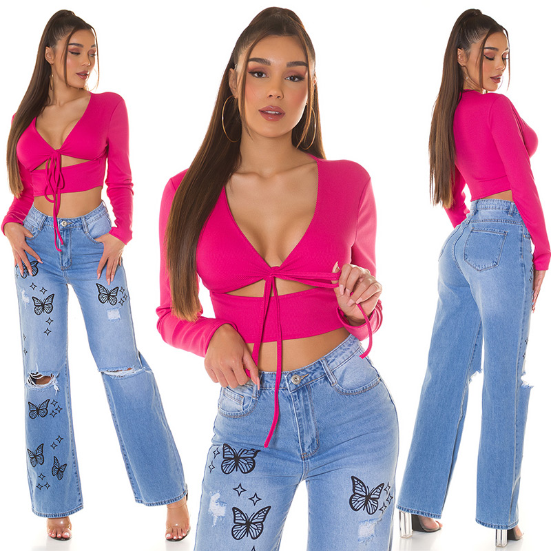 V-Neck Langarm Crop Top mit Deko Schnürung und Cutout