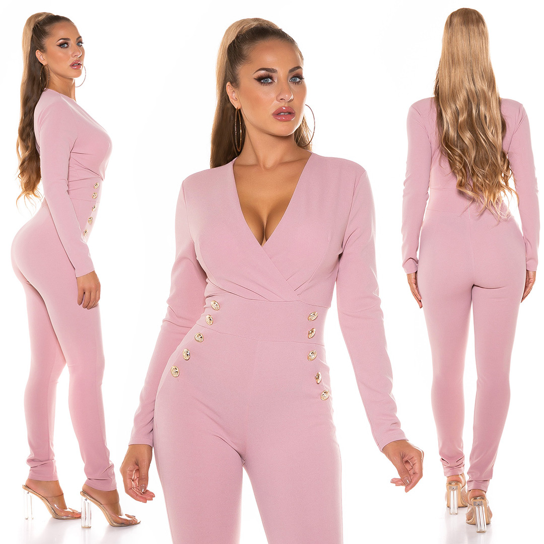 Business Wickel V-Neck Maxi Jumpsuit mit Deko Knöfpe