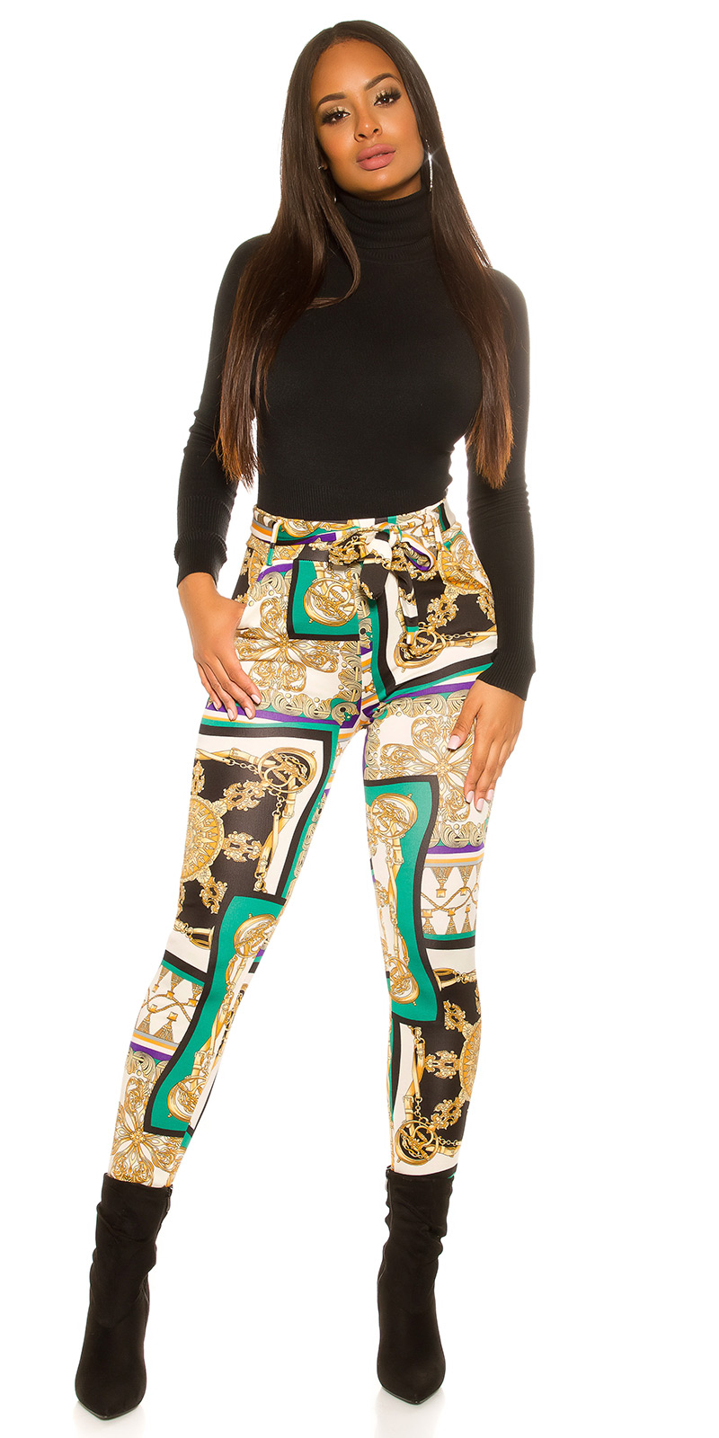 Glamour Printed Skinny High Waist Business Hose mit Gürtel