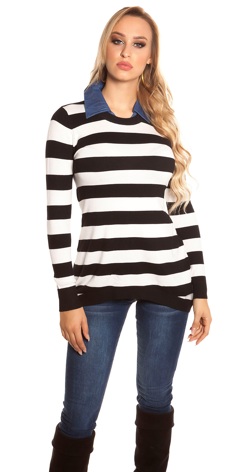 Striped Langarm Feinstrick Pullover mit Jeans-Kragen