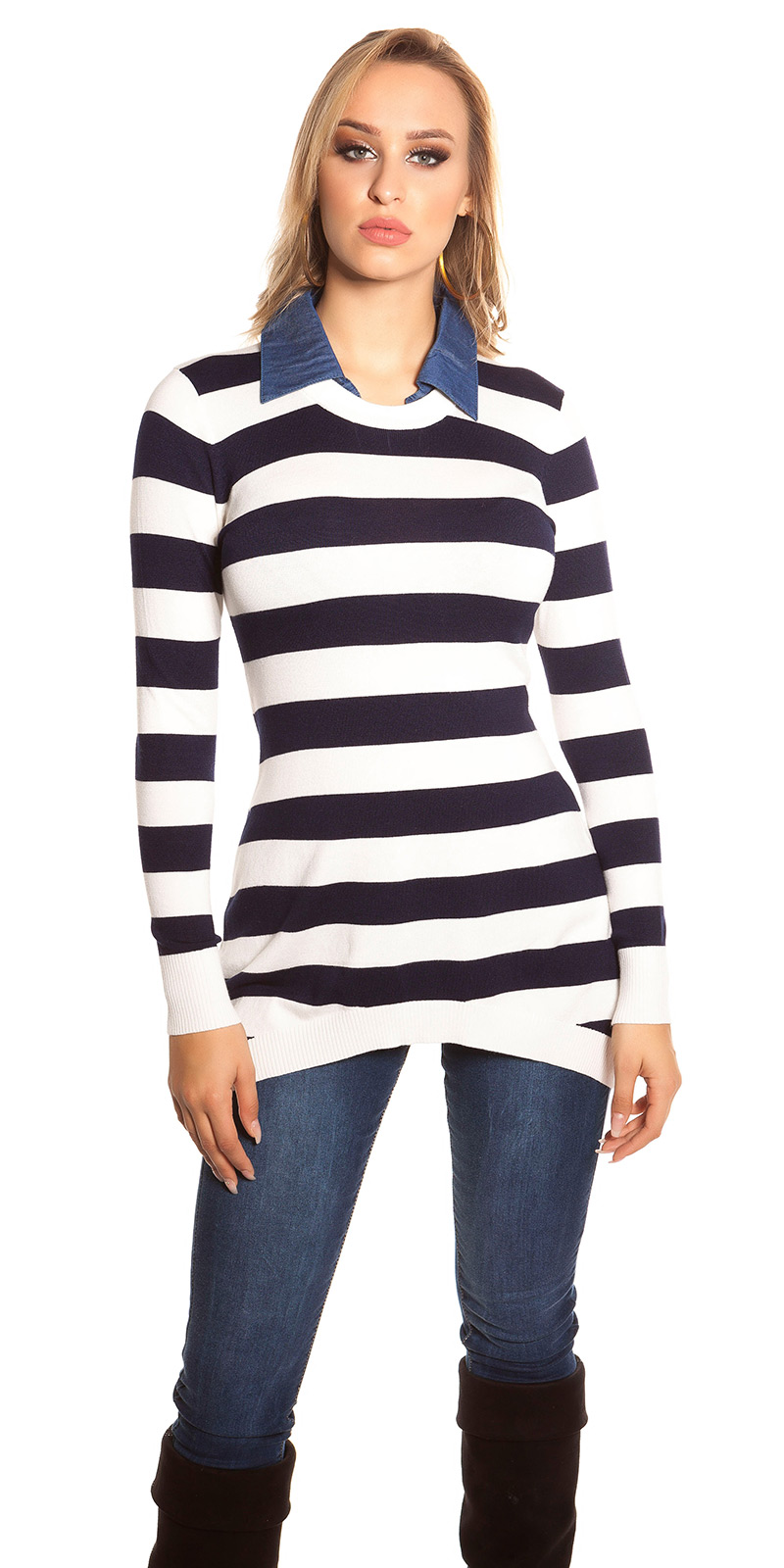 Striped Langarm Feinstrick Pullover mit Jeans-Kragen