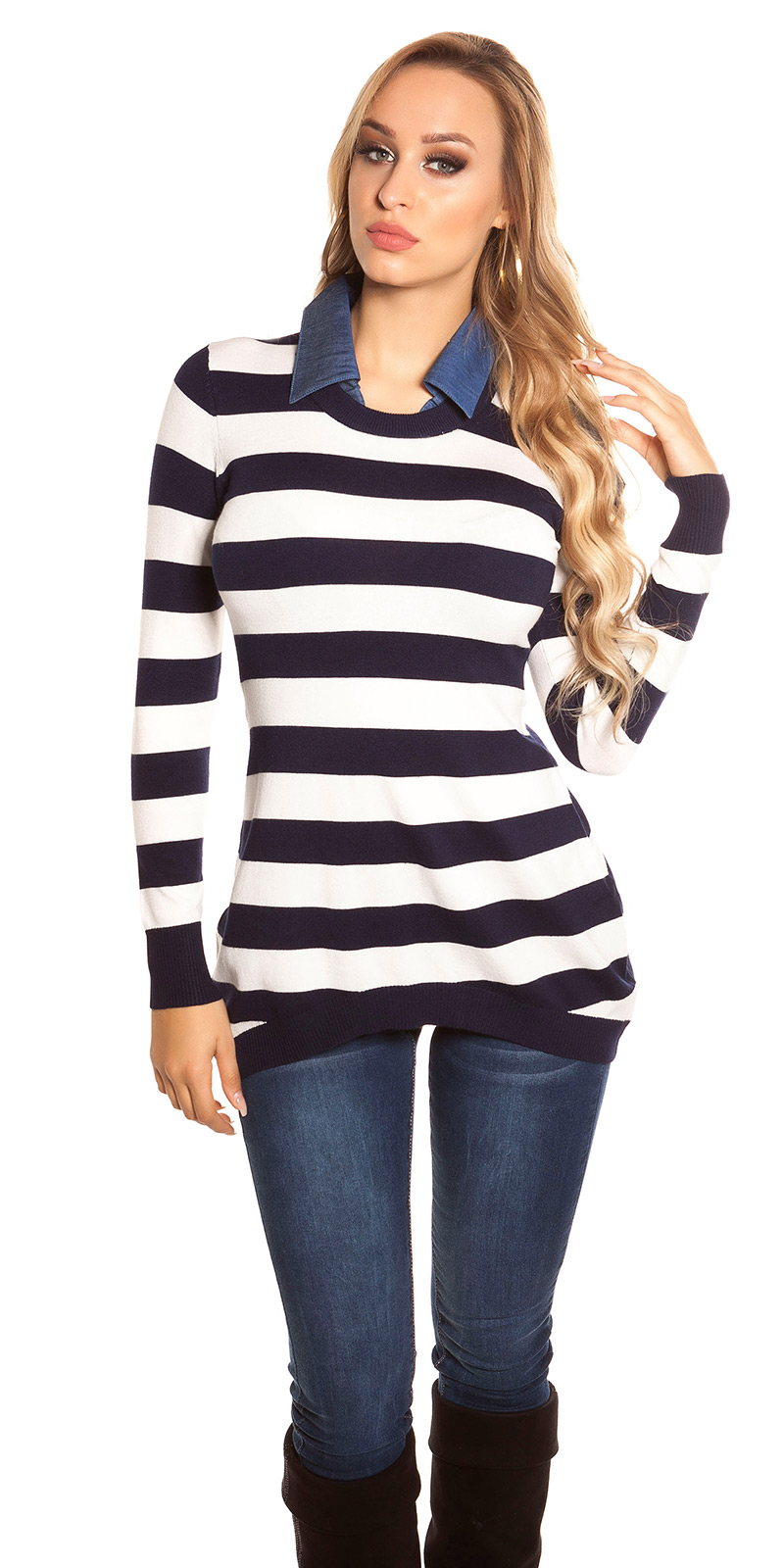 Striped Langarm Feinstrick Pullover mit Jeans-Kragen