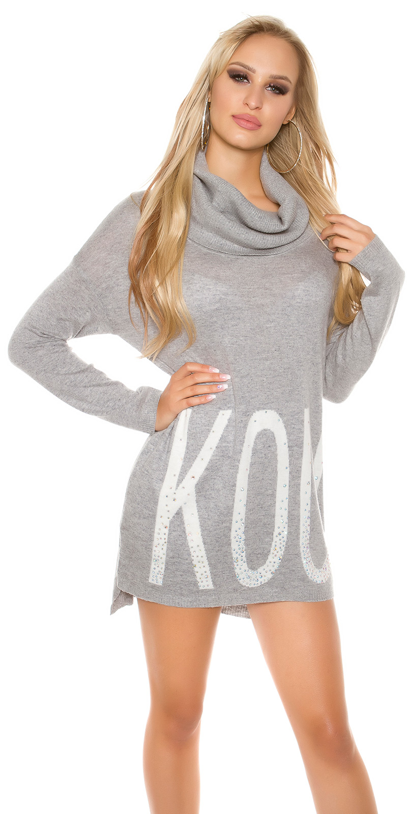 Stylo Turtle-Neck Strick Pullover im Long-Style mit Deko Steinchen