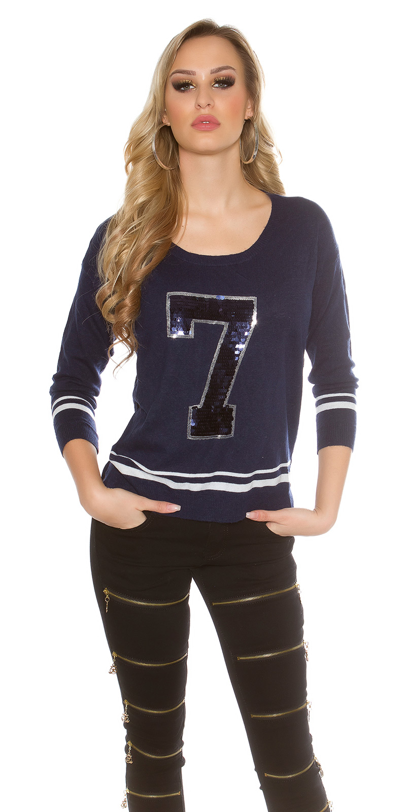 College Look Feinstrick Pullover mit Deko Pailletten