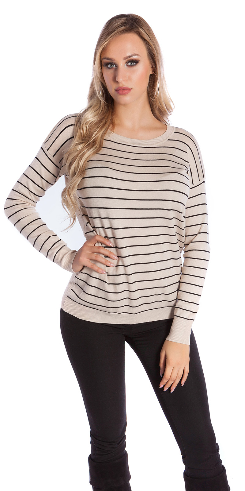 Striped Basic Langarm Pullover mit Rundhals