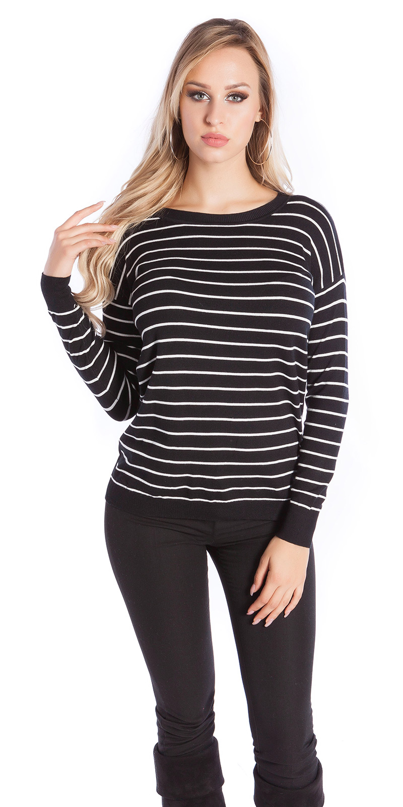 Striped Basic Langarm Pullover mit Rundhals