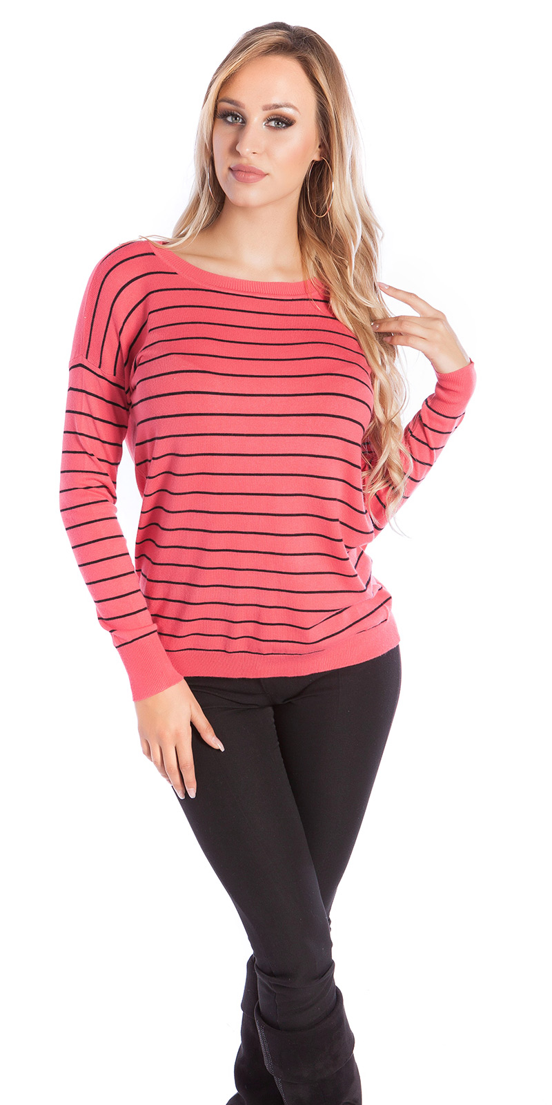 Striped Basic Langarm Pullover mit Rundhals