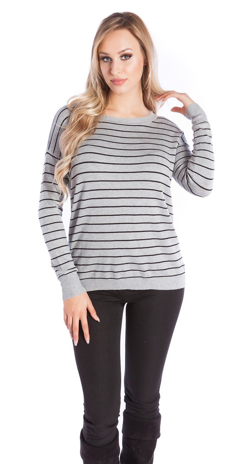 Striped Basic Langarm Pullover mit Rundhals