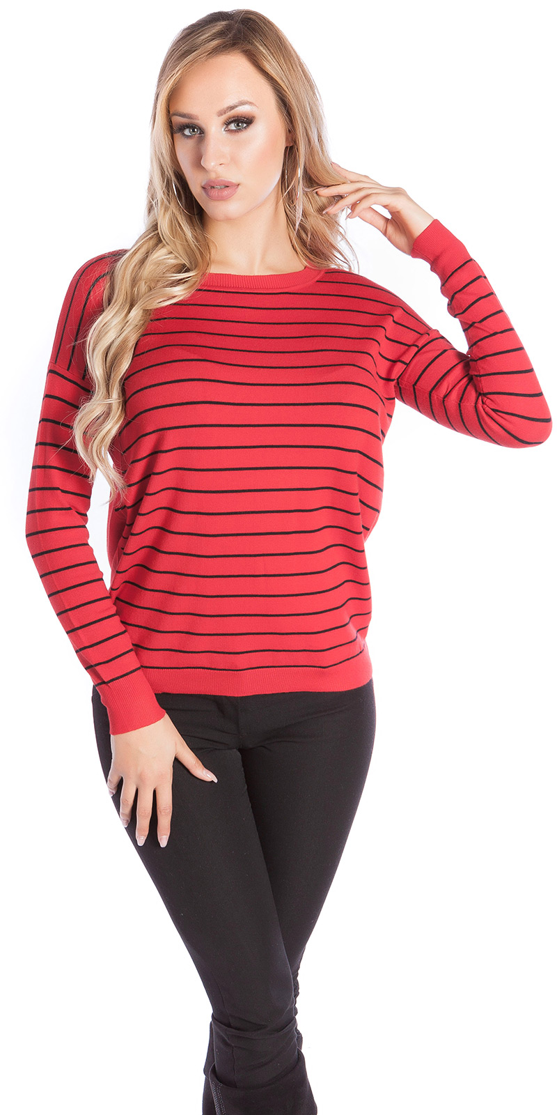 Striped Basic Langarm Pullover mit Rundhals