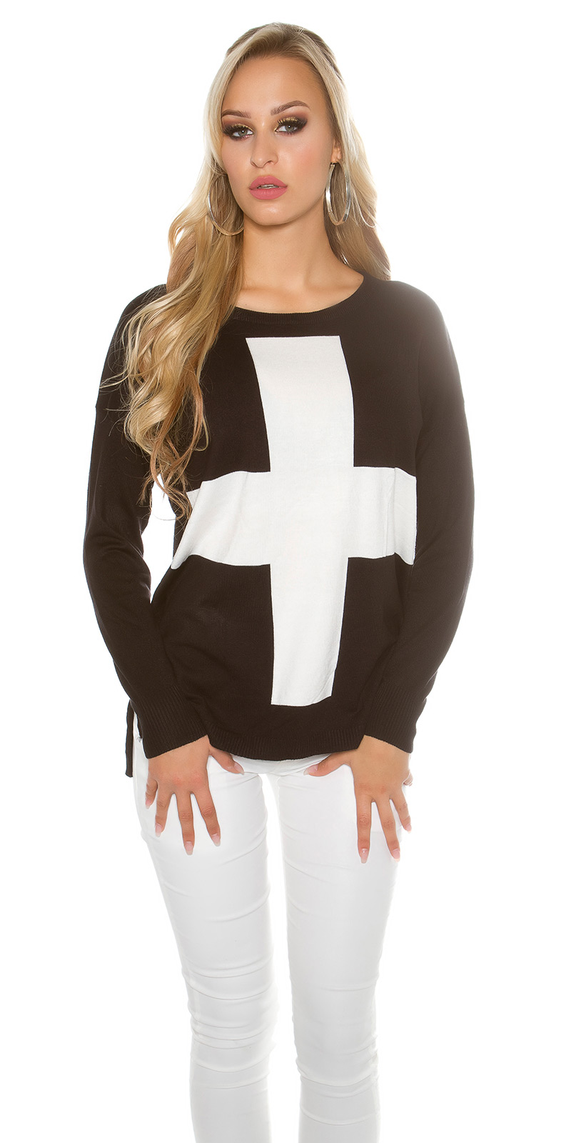 Casual Feinstrick Jumper Pullover mit Kreuz-Print