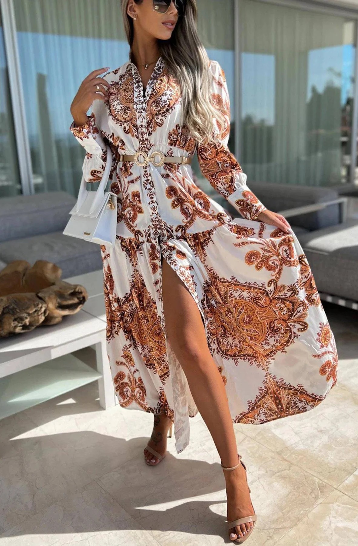 Printed Langarm Maxi Sommer Kleid  mit Knopfleiste