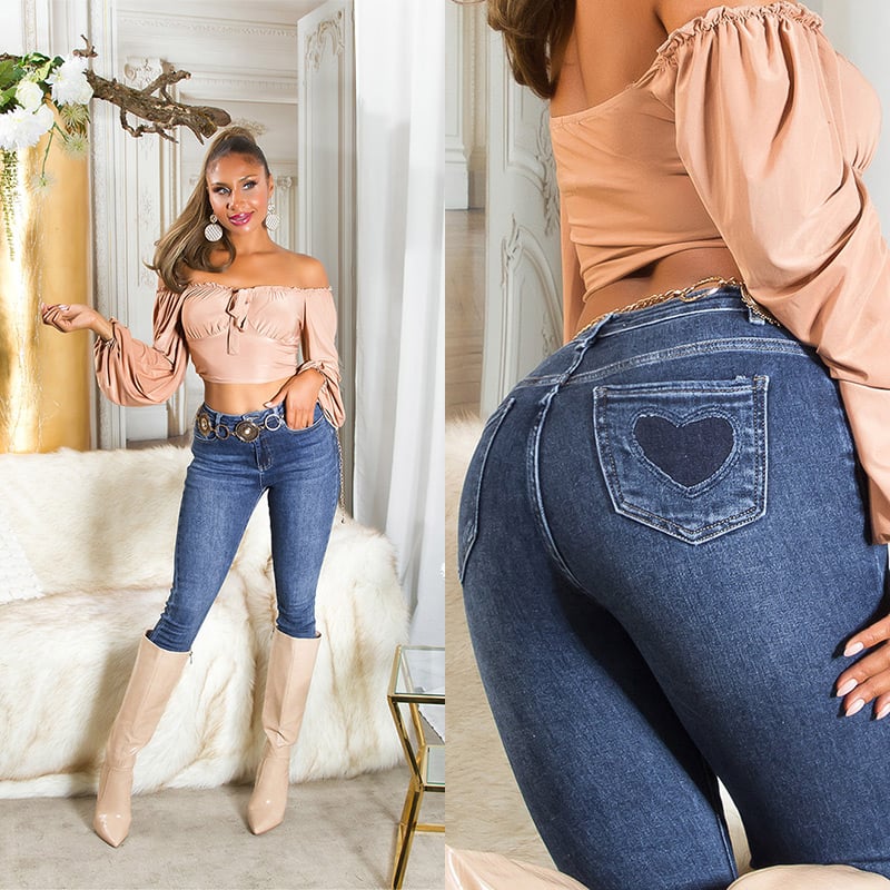 Basic Röhren Skinny High Waist Jeans mit Deko Herz