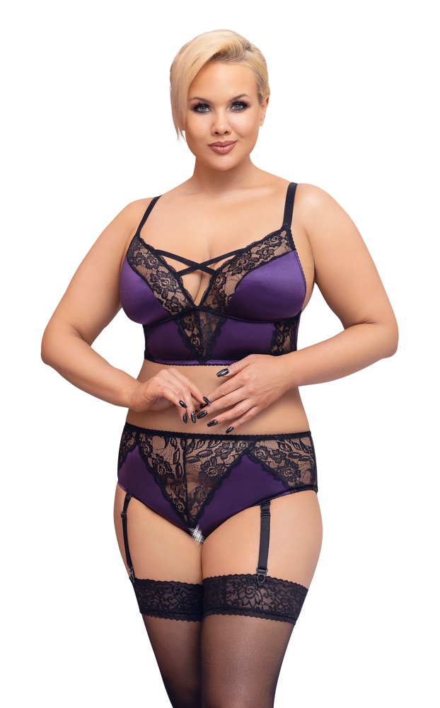 Cottelli Verführerisches Ensemble: Satin-Spitze Bralette mit ouvert-Slip und abnehmbaren Strapsen