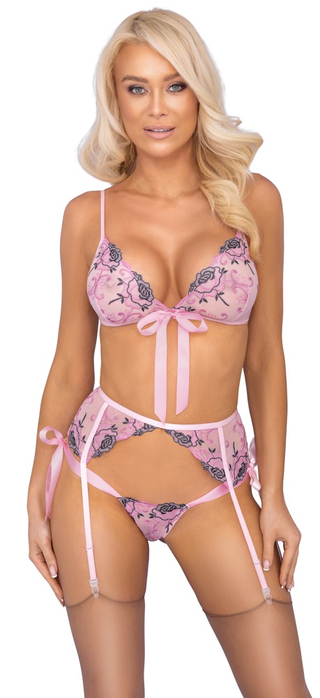 kissable Reizende Reizwäsche Lingerie mit Soft-BH, Strapsgurt & String. Pofrei, roséfarbener Powernet