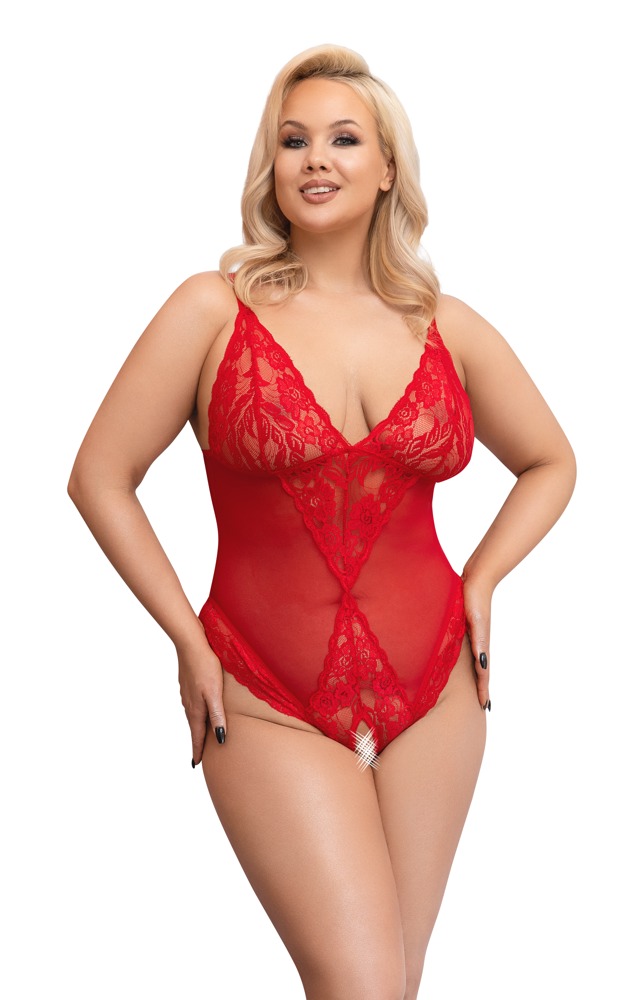 Cottelli Powernet-Bodysuit mit Spitzen-Einsätzen und Ouvert-Design in Rot