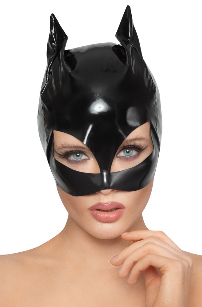 Das Highlight auf jeder Fetish-Party! Halbe Kopfmaske von Black Level im schwarzen Lackglanz und im Cat-Look mit kleinen