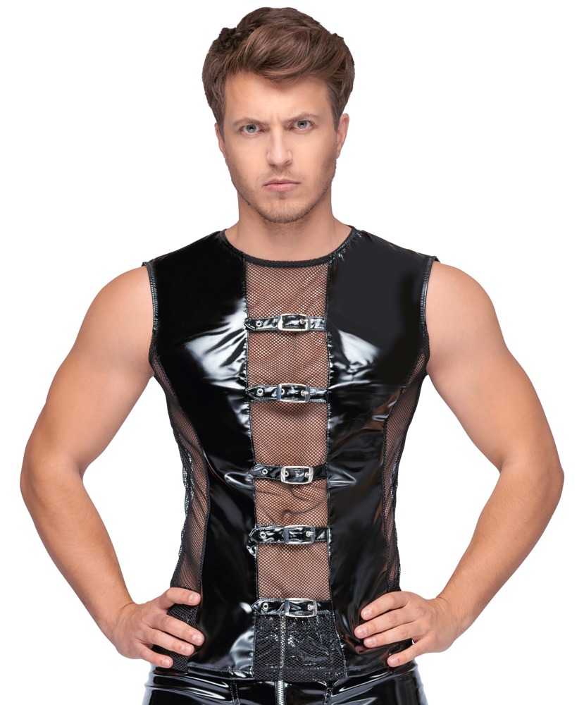 Extravagantes ärmelloses Shirt von Black Level aus bi-elastischem Lack mit Netz-Einsätzen vorne, seitlich und hinten. Mi