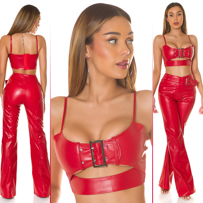 Kunstleder Crop Top Bustier Bauchfrei Trägertop im Corsagen-Look mit Deko Schnalle und Cutout