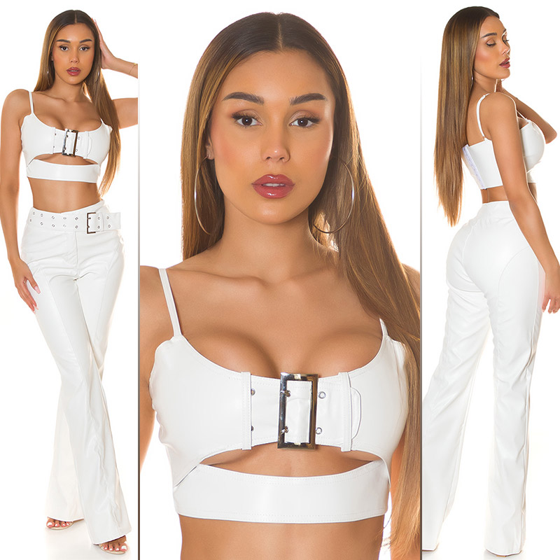 Kunstleder Crop Top Bustier Bauchfrei Trägertop im Corsagen-Look mit Deko Schnalle und Cutout